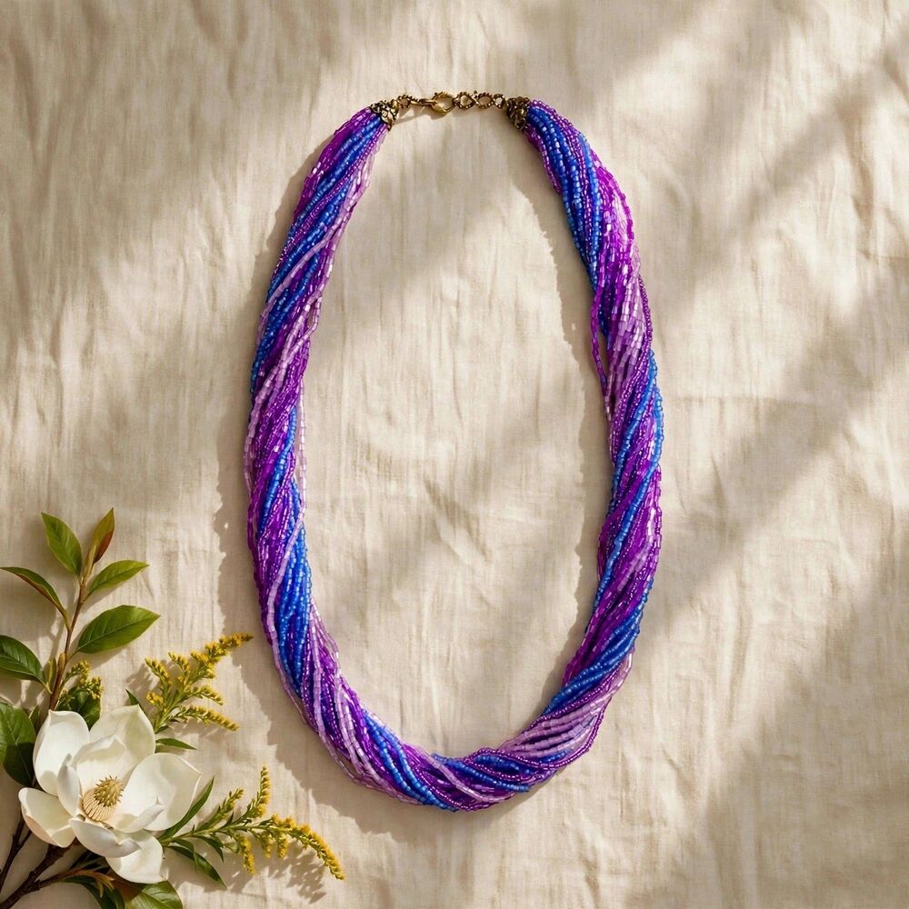 Seed Bead Necklace Purple Blue Multi-Strand Twisted Statement Boho 20in